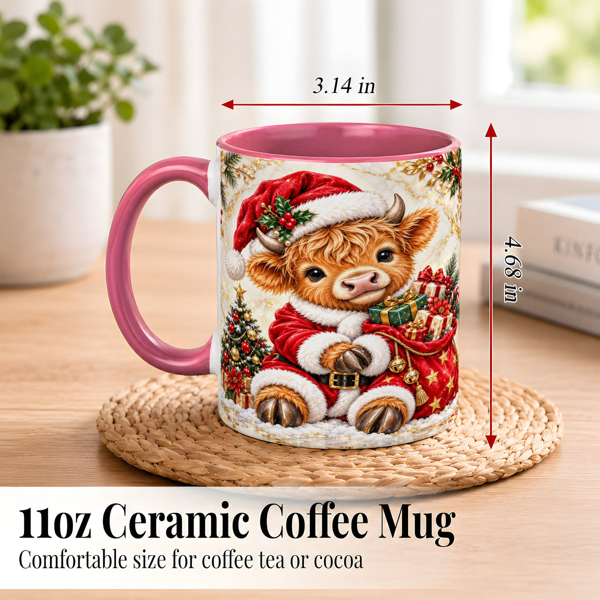 #pl[11oz|Pink] Santa Highland Cow Coffee Mug, Christmas Cow Mug, Ceramic Cup