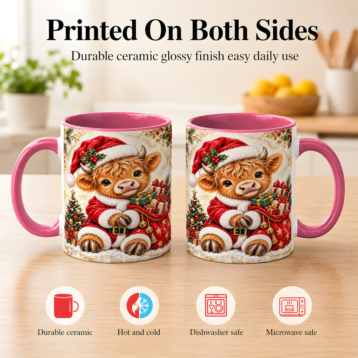 #pl[11oz|Pink] Santa Highland Cow Coffee Mug, Christmas Cow Mug, Ceramic Cup
