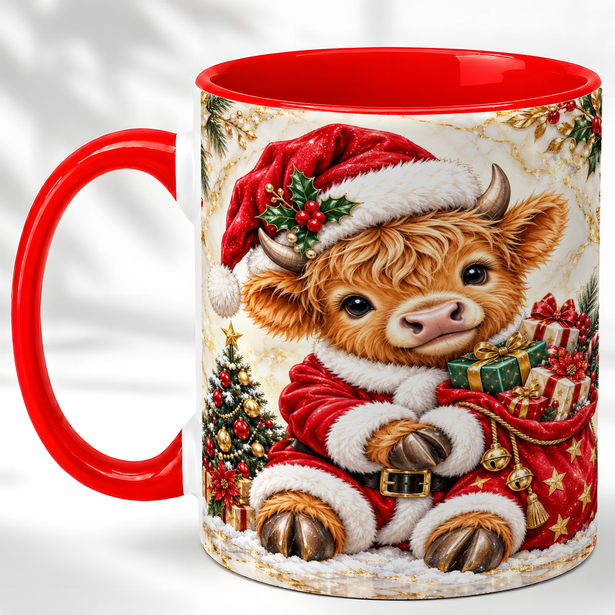 #pl[11oz|Red] Santa Highland Cow Coffee Mug, Christmas Cow Mug, Ceramic Cup