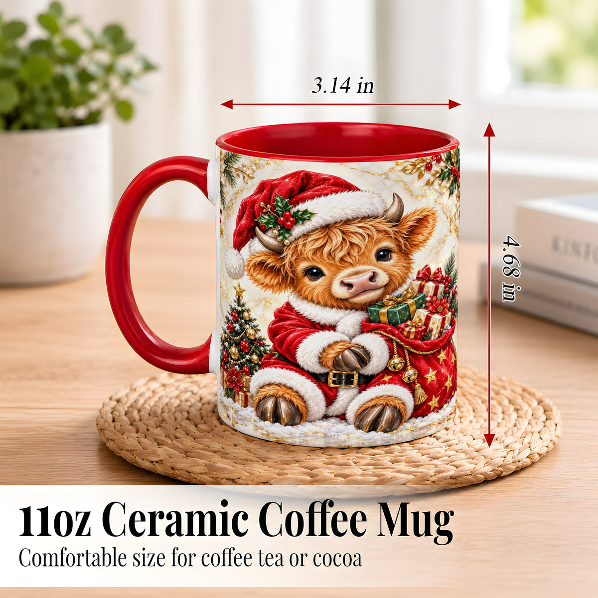#pl[11oz|Red] Santa Highland Cow Coffee Mug, Christmas Cow Mug, Ceramic Cup