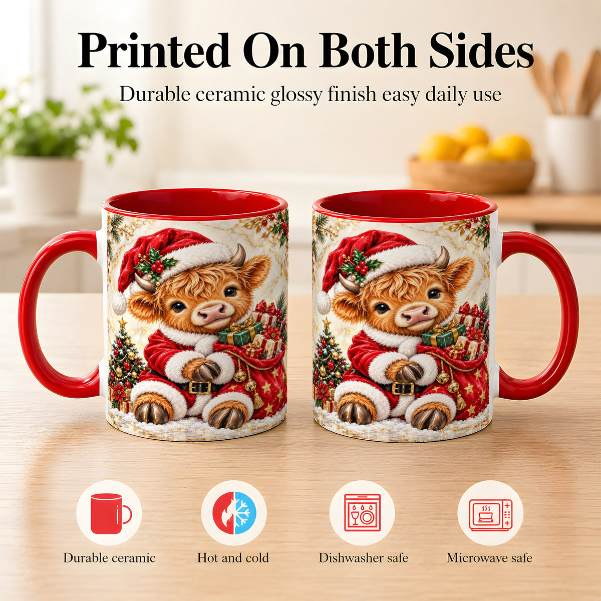 #pl[11oz|Red] Santa Highland Cow Coffee Mug, Christmas Cow Mug, Ceramic Cup