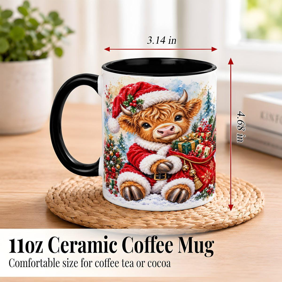 #pl[11oz|Black] Watercolor Highland Cow Coffee Mug, Christmas Cow Mug, Ceramic Cup