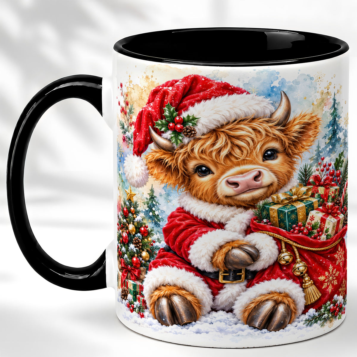 #pl[11oz|Black] Watercolor Highland Cow Coffee Mug, Christmas Cow Mug, Ceramic Cup