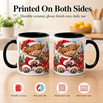 #pl[11oz|Black] Watercolor Highland Cow Coffee Mug, Christmas Cow Mug, Ceramic Cup