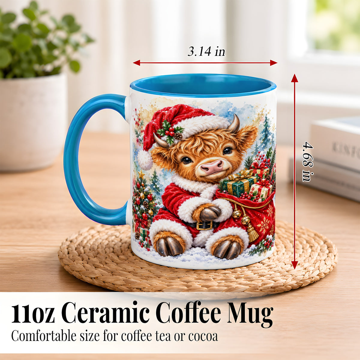 #pl[11oz|Blue] Watercolor Highland Cow Coffee Mug, Christmas Cow Mug, Ceramic Cup