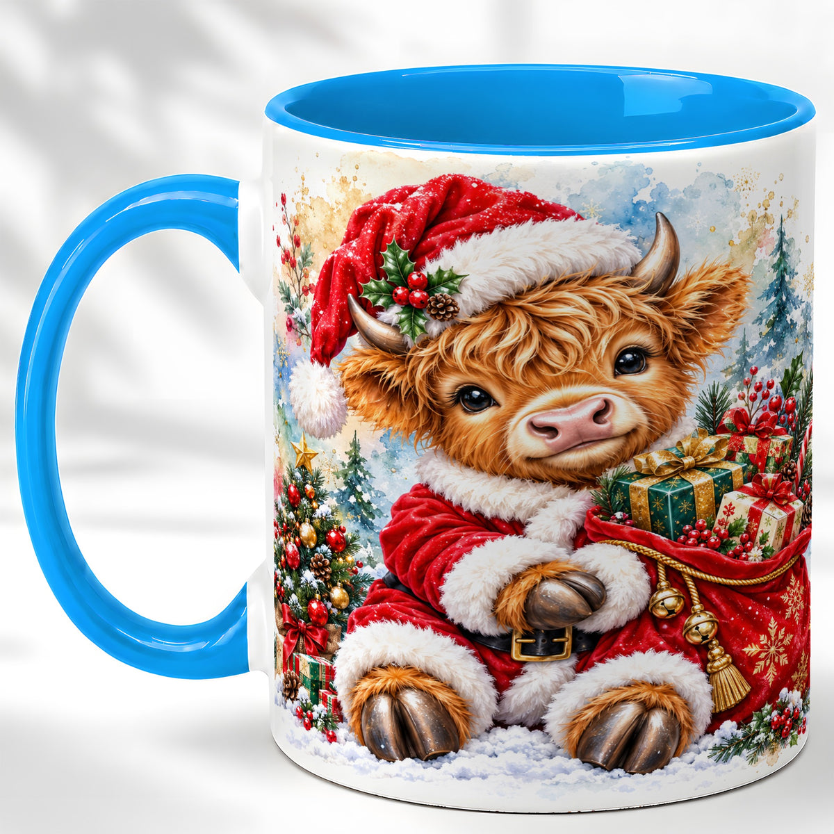 #pl[11oz|Blue] Watercolor Highland Cow Coffee Mug, Christmas Cow Mug, Ceramic Cup