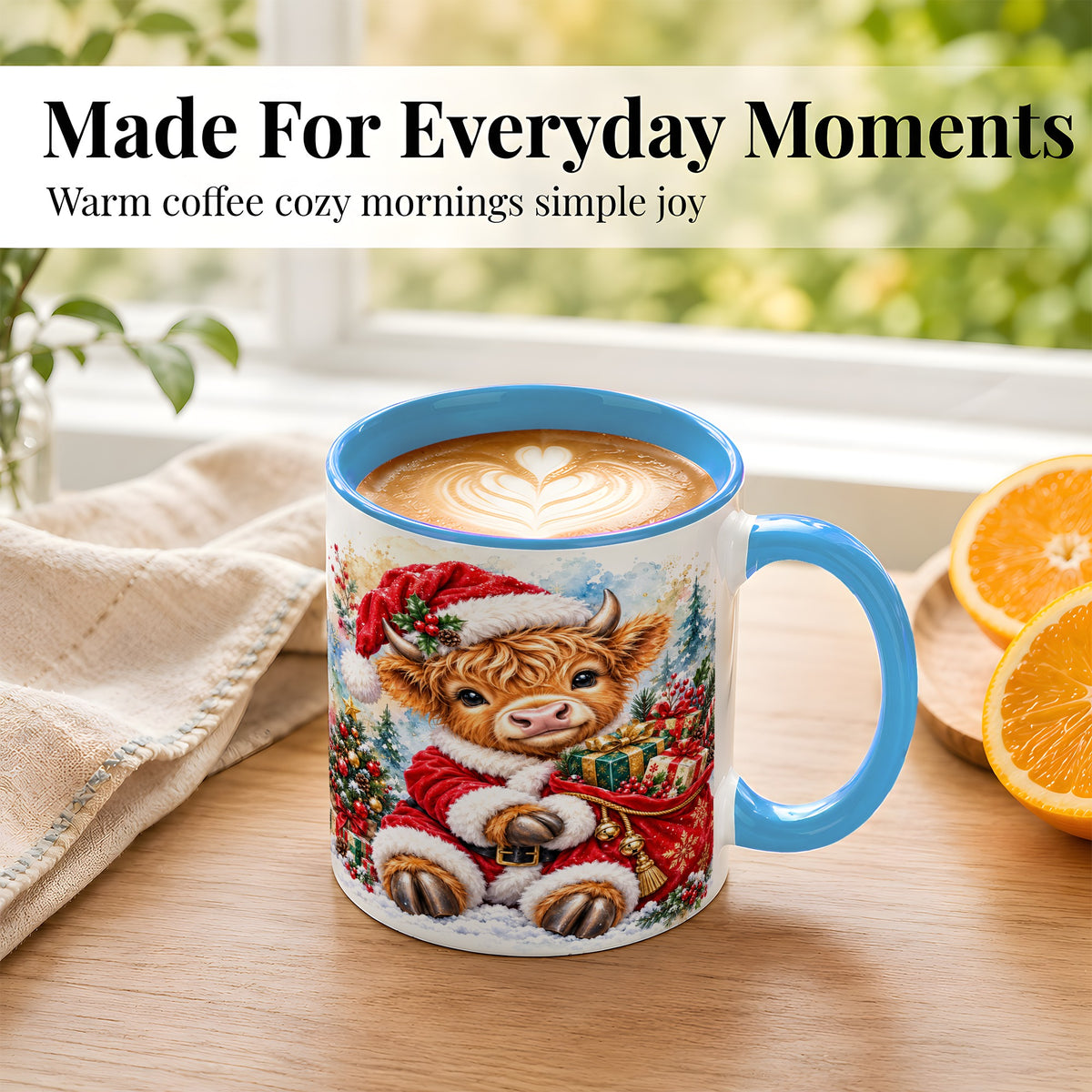 #pl[11oz|Blue] Watercolor Highland Cow Coffee Mug, Christmas Cow Mug, Ceramic Cup