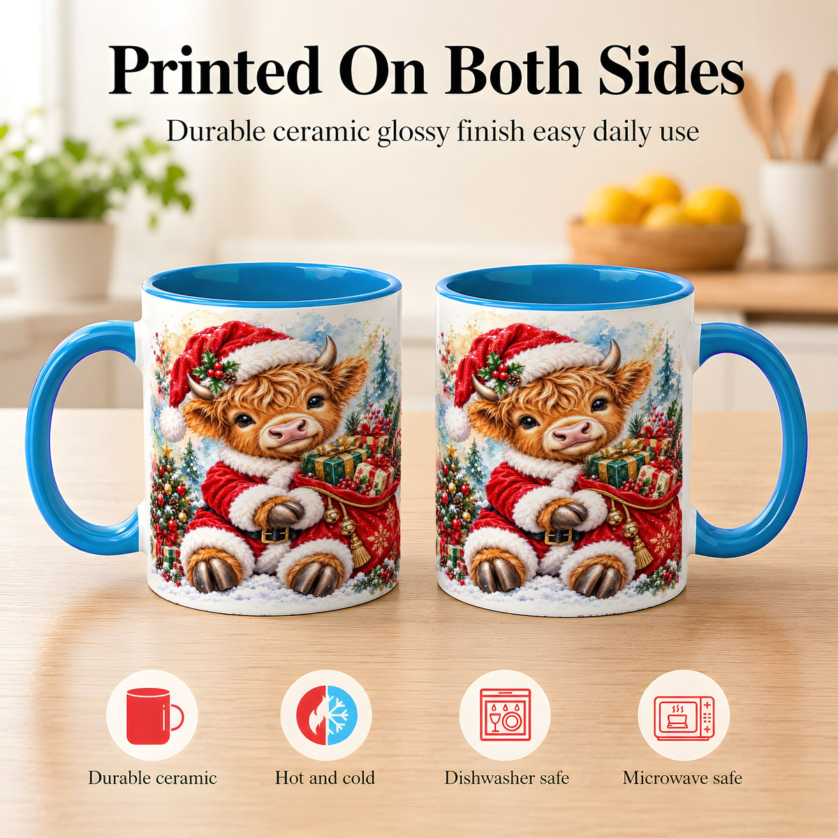 #pl[11oz|Blue] Watercolor Highland Cow Coffee Mug, Christmas Cow Mug, Ceramic Cup