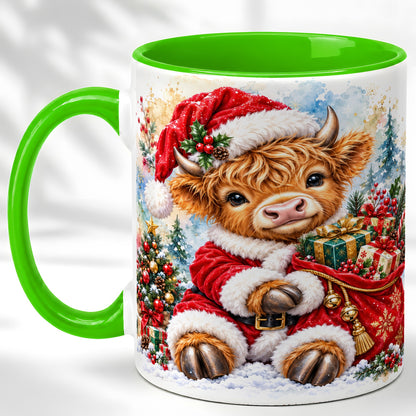 #pl[11oz|Green] Watercolor Highland Cow Coffee Mug, Christmas Cow Mug, Ceramic Cup