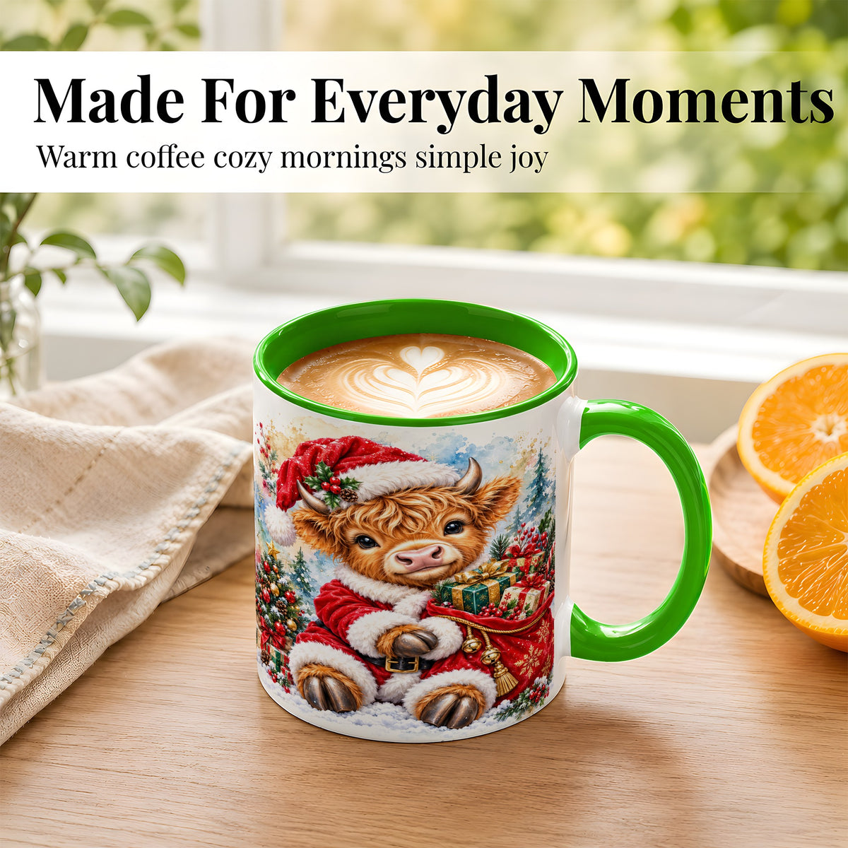 #pl[11oz|Green] Watercolor Highland Cow Coffee Mug, Christmas Cow Mug, Ceramic Cup
