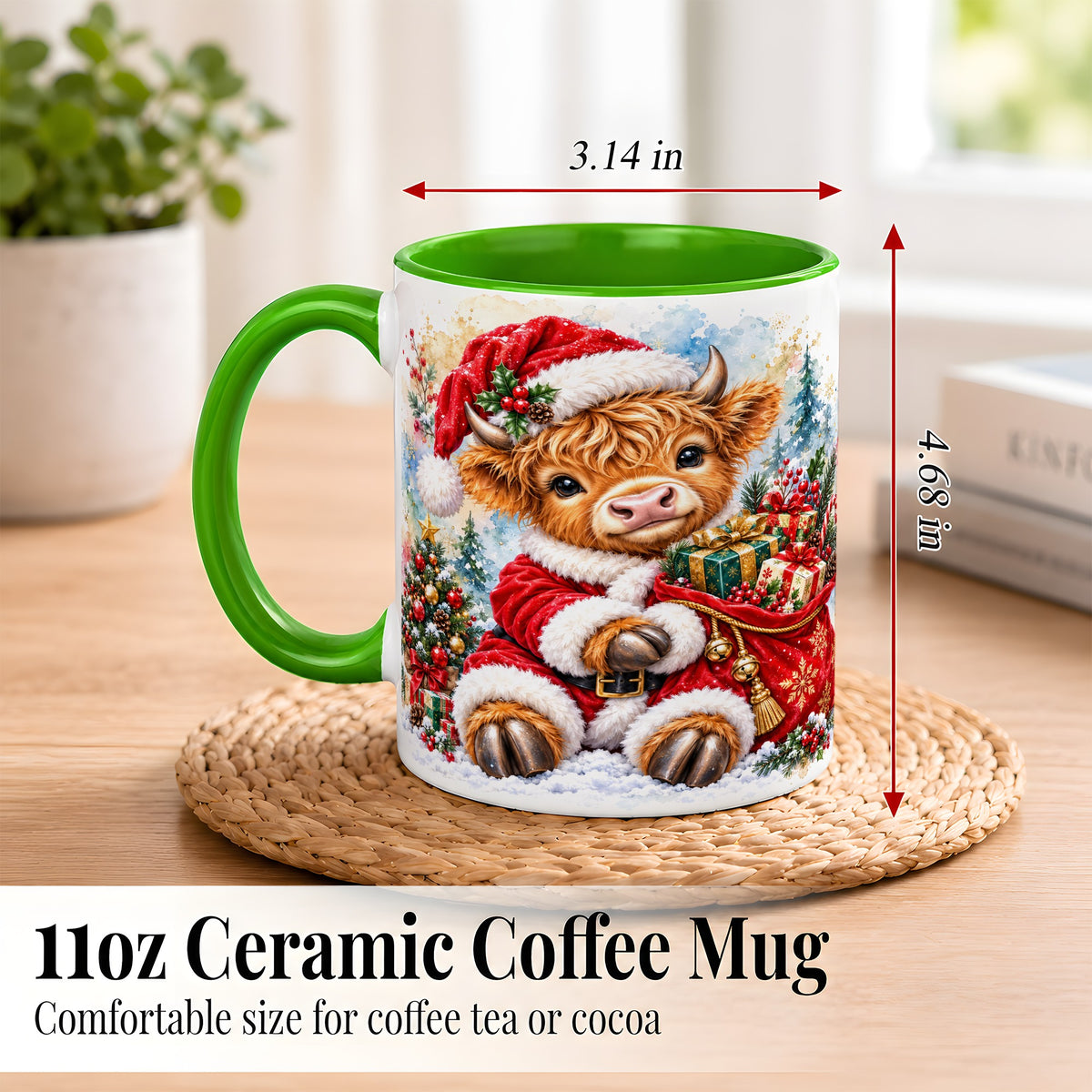#pl[11oz|Green] Watercolor Highland Cow Coffee Mug, Christmas Cow Mug, Ceramic Cup