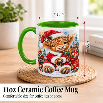 #pl[11oz|Green] Watercolor Highland Cow Coffee Mug, Christmas Cow Mug, Ceramic Cup