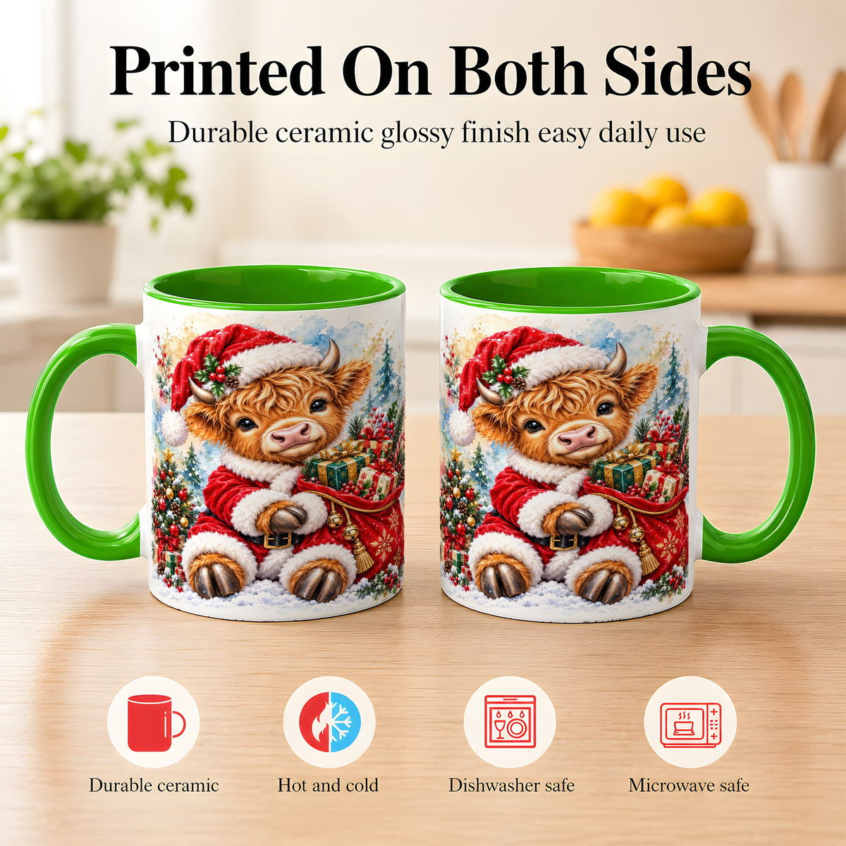 #pl[11oz|Green] Watercolor Highland Cow Coffee Mug, Christmas Cow Mug, Ceramic Cup