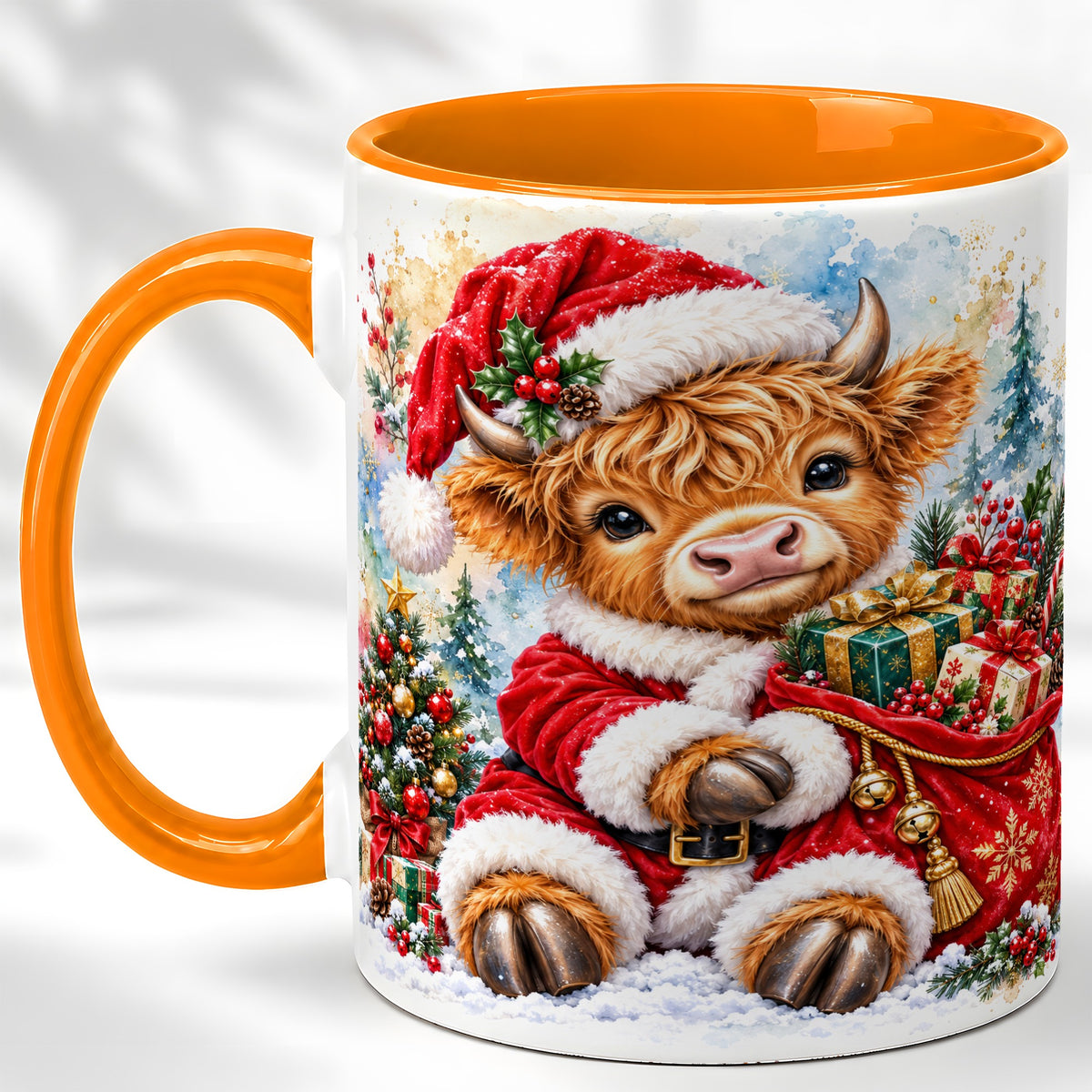 #pl[11oz|Orange] Watercolor Highland Cow Coffee Mug, Christmas Cow Mug, Ceramic Cup