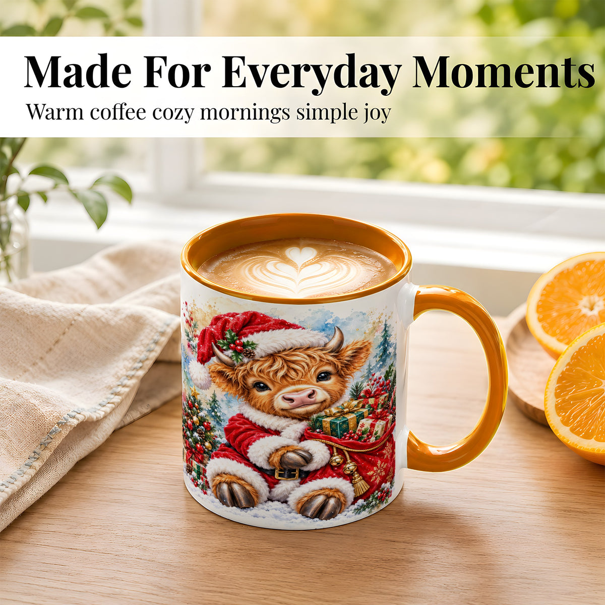 #pl[11oz|Orange] Watercolor Highland Cow Coffee Mug, Christmas Cow Mug, Ceramic Cup