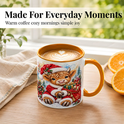 #pl[11oz|Orange] Watercolor Highland Cow Coffee Mug, Christmas Cow Mug, Ceramic Cup