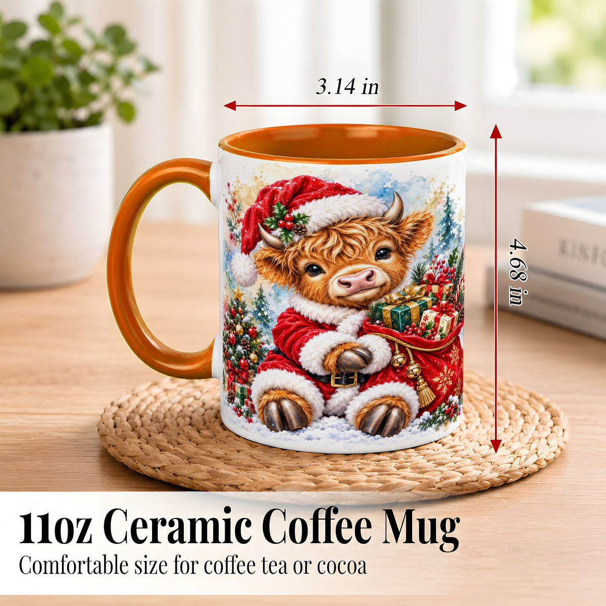#pl[11oz|Orange] Watercolor Highland Cow Coffee Mug, Christmas Cow Mug, Ceramic Cup