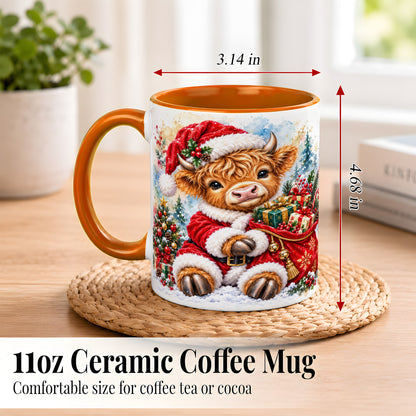 #pl[11oz|Orange] Watercolor Highland Cow Coffee Mug, Christmas Cow Mug, Ceramic Cup