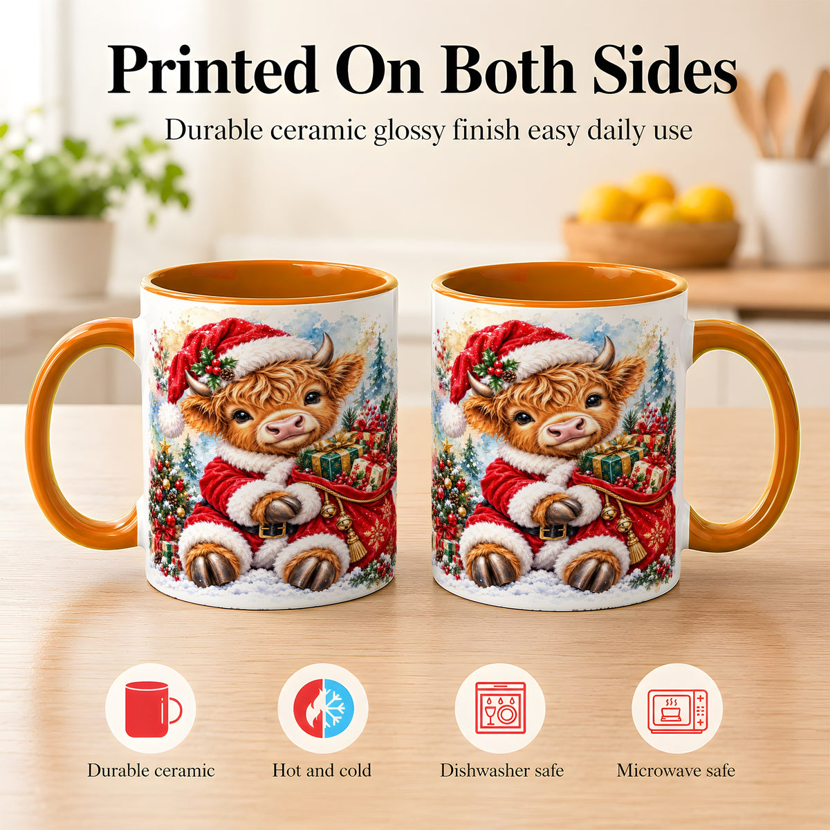 #pl[11oz|Orange] Watercolor Highland Cow Coffee Mug, Christmas Cow Mug, Ceramic Cup