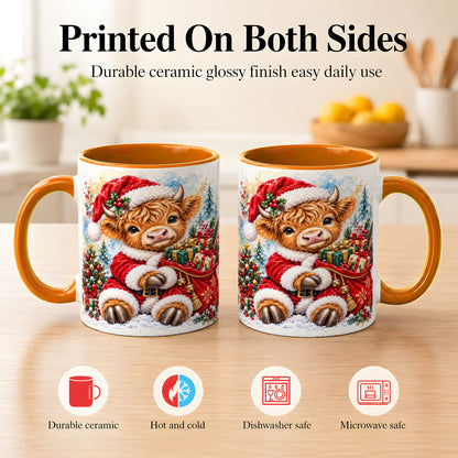 #pl[11oz|Orange] Watercolor Highland Cow Coffee Mug, Christmas Cow Mug, Ceramic Cup