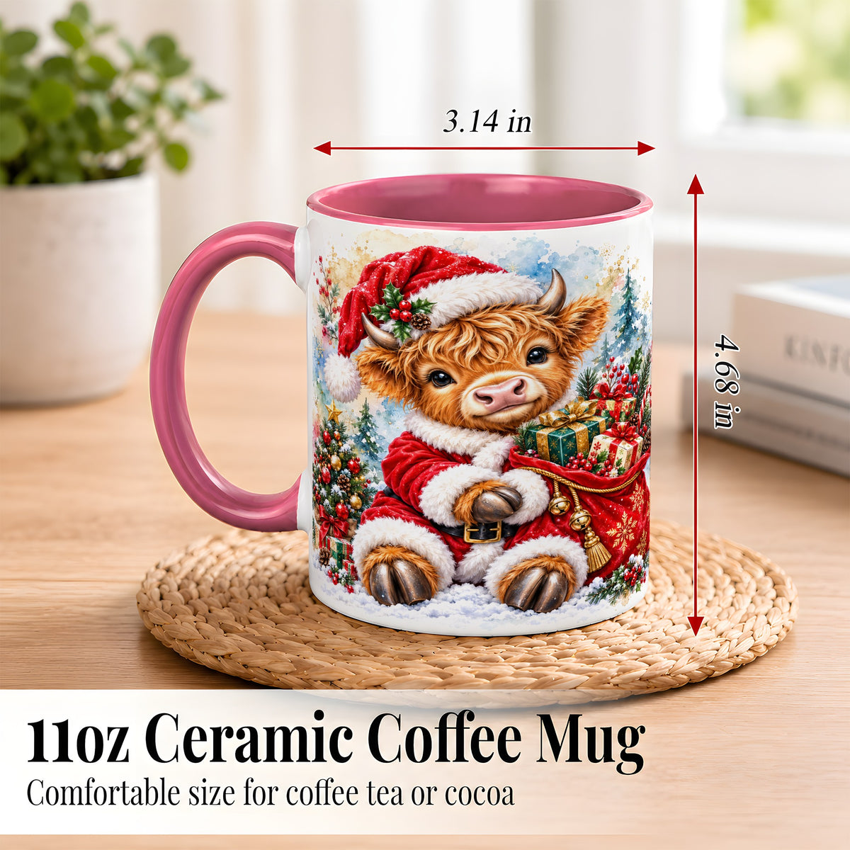 #pl[11oz|Pink] Watercolor Highland Cow Coffee Mug, Christmas Cow Mug, Ceramic Cup