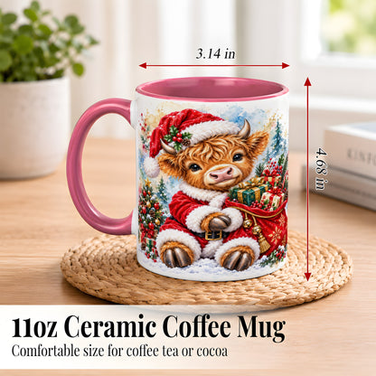 #pl[11oz|Pink] Watercolor Highland Cow Coffee Mug, Christmas Cow Mug, Ceramic Cup