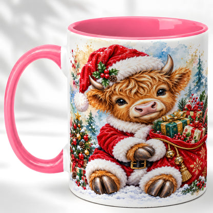 #pl[11oz|Pink] Watercolor Highland Cow Coffee Mug, Christmas Cow Mug, Ceramic Cup