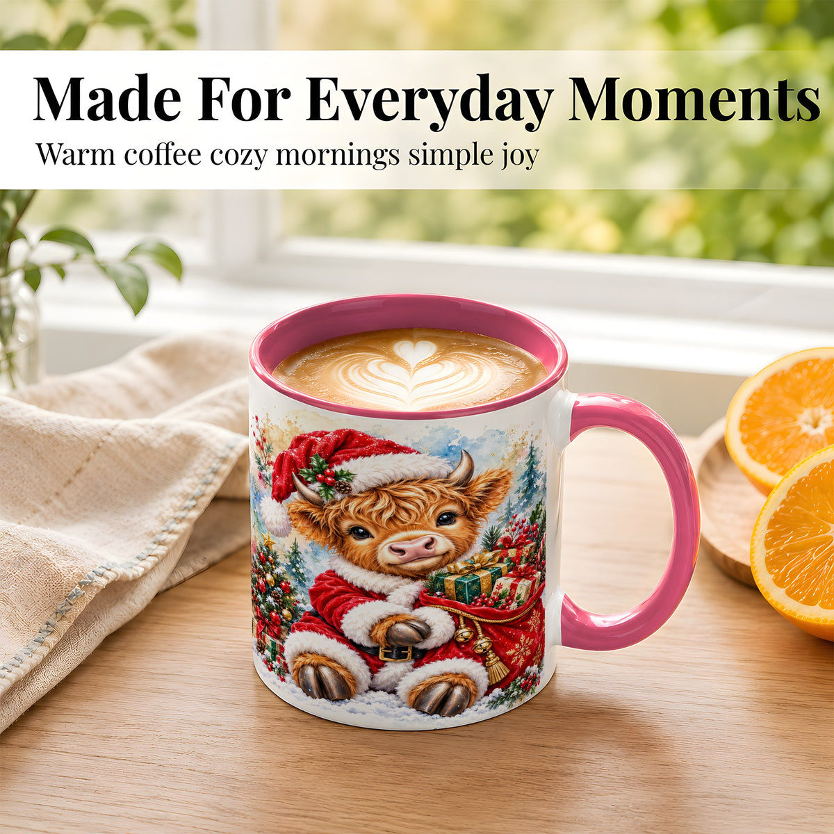 #pl[11oz|Pink] Watercolor Highland Cow Coffee Mug, Christmas Cow Mug, Ceramic Cup
