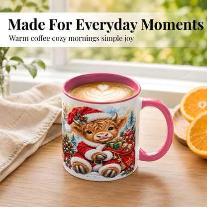 #pl[11oz|Pink] Watercolor Highland Cow Coffee Mug, Christmas Cow Mug, Ceramic Cup