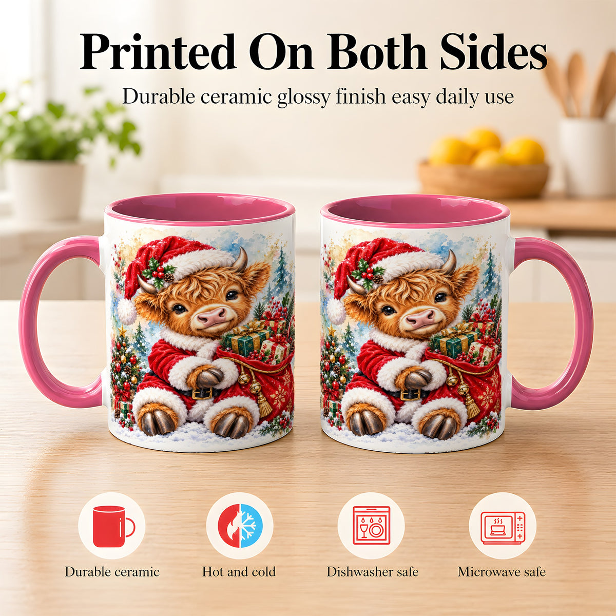 #pl[11oz|Pink] Watercolor Highland Cow Coffee Mug, Christmas Cow Mug, Ceramic Cup