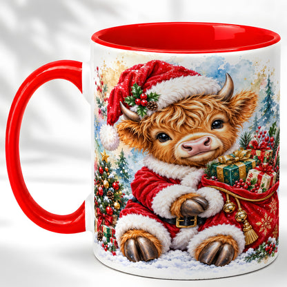#pl[11oz|Red] Watercolor Highland Cow Coffee Mug, Christmas Cow Mug, Ceramic Cup