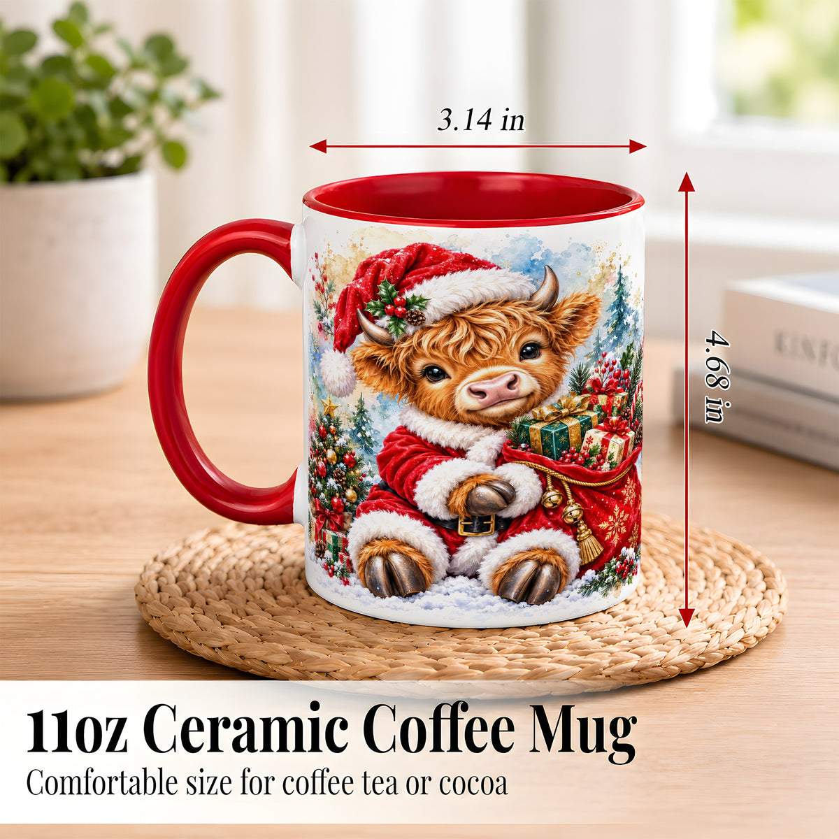 #pl[11oz|Red] Watercolor Highland Cow Coffee Mug, Christmas Cow Mug, Ceramic Cup