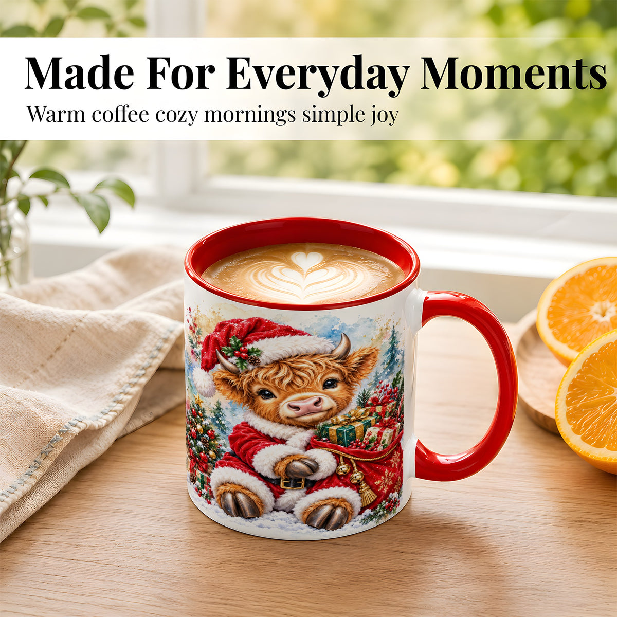 #pl[11oz|Red] Watercolor Highland Cow Coffee Mug, Christmas Cow Mug, Ceramic Cup