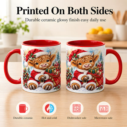 #pl[11oz|Red] Watercolor Highland Cow Coffee Mug, Christmas Cow Mug, Ceramic Cup