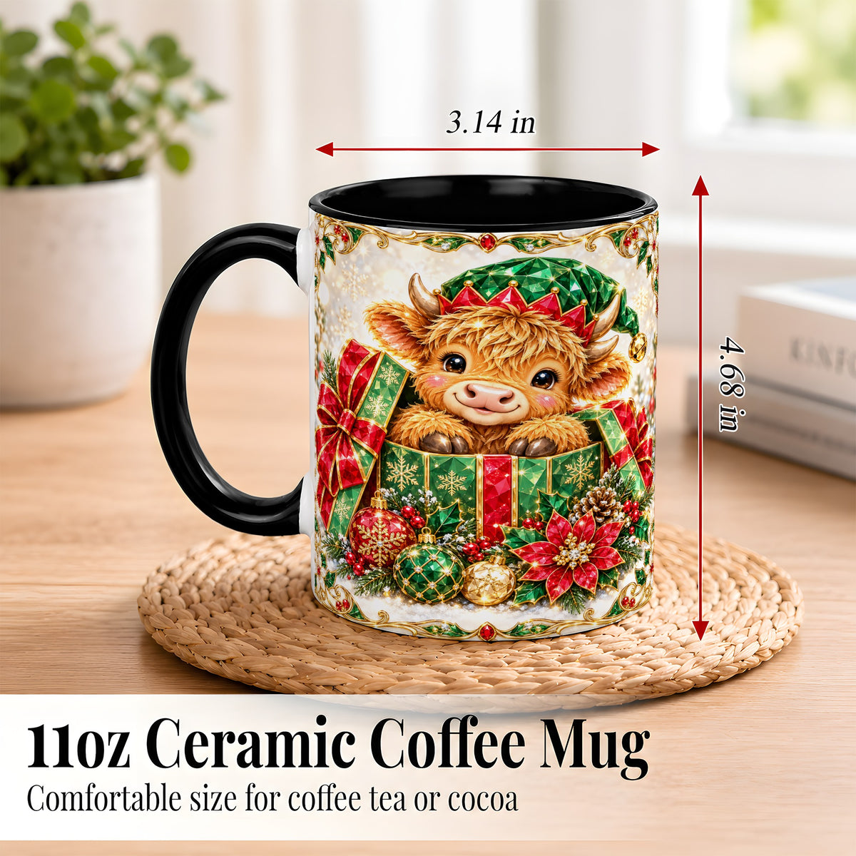 #pl[11oz|Black] Gemstone Highland Cow Coffee Mug, Christmas Cow Mug, Ceramic Cup