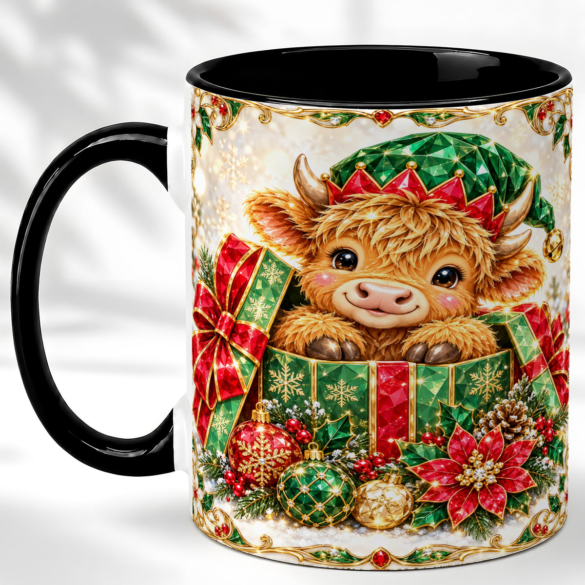 #pl[11oz|Black] Gemstone Highland Cow Coffee Mug, Christmas Cow Mug, Ceramic Cup
