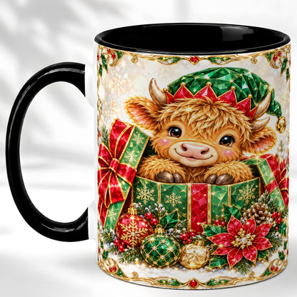 #pl[11oz|Black] Gemstone Highland Cow Coffee Mug, Christmas Cow Mug, Ceramic Cup