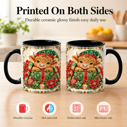 #pl[11oz|Black] Gemstone Highland Cow Coffee Mug, Christmas Cow Mug, Ceramic Cup
