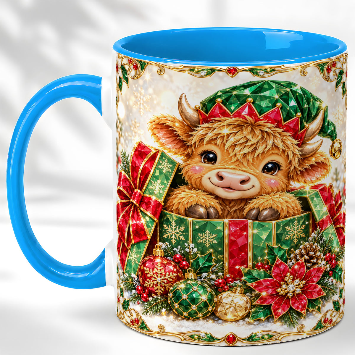 #pl[11oz|Blue] Gemstone Highland Cow Coffee Mug, Christmas Cow Mug, Ceramic Cup