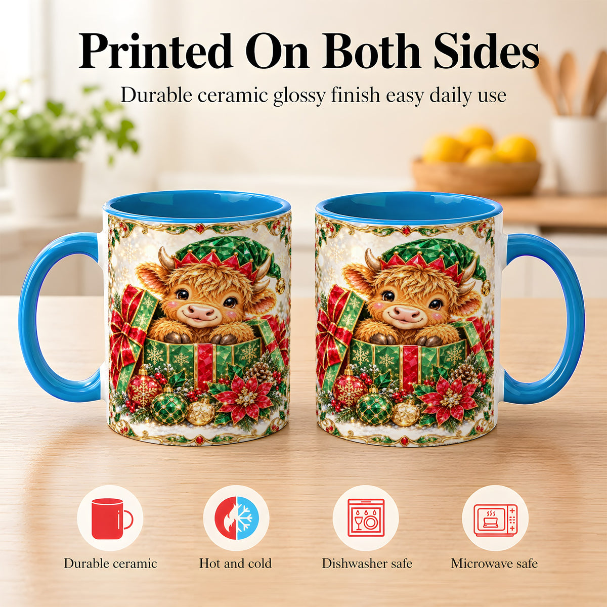 #pl[11oz|Blue] Gemstone Highland Cow Coffee Mug, Christmas Cow Mug, Ceramic Cup