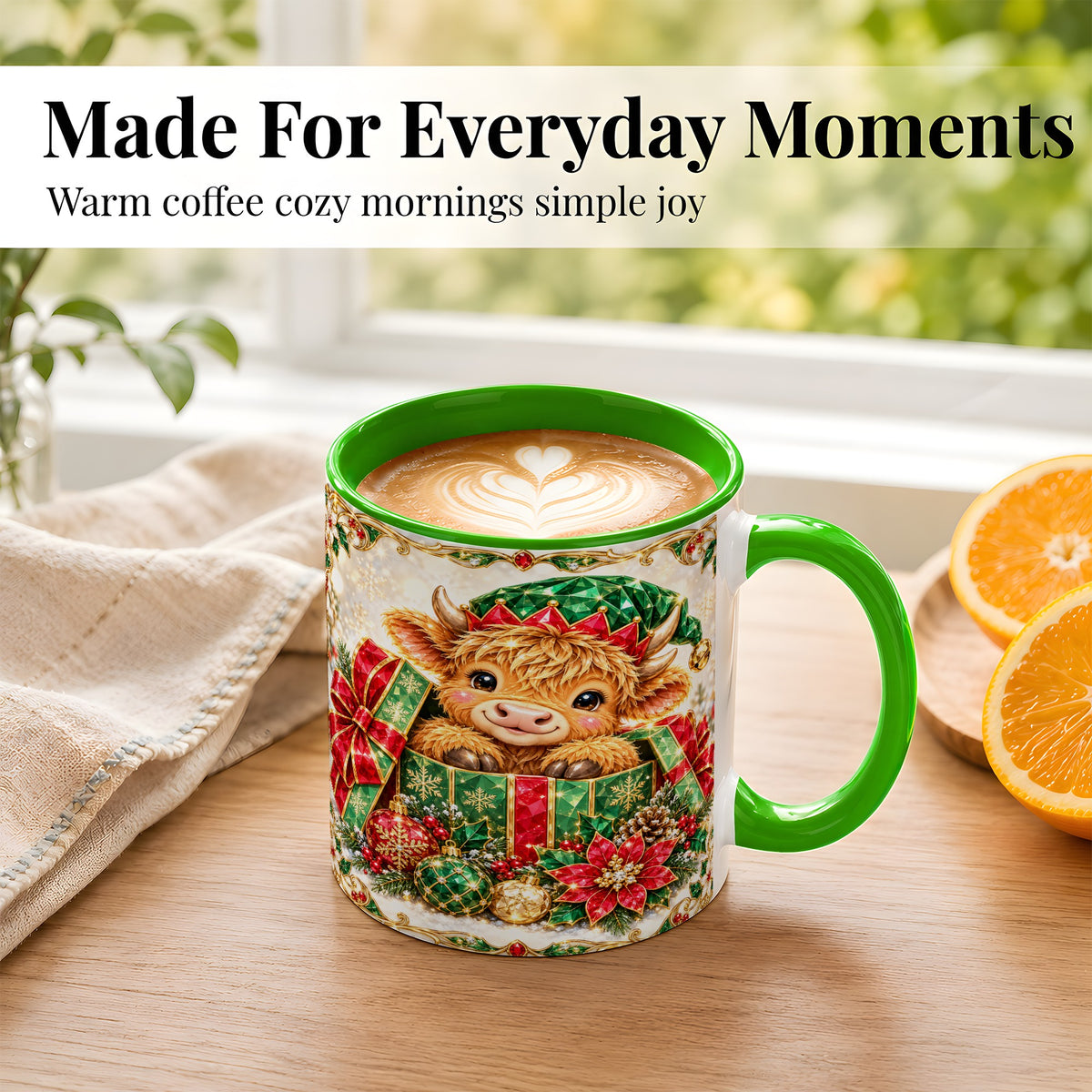 #pl[11oz|Green] Gemstone Highland Cow Coffee Mug, Christmas Cow Mug, Ceramic Cup