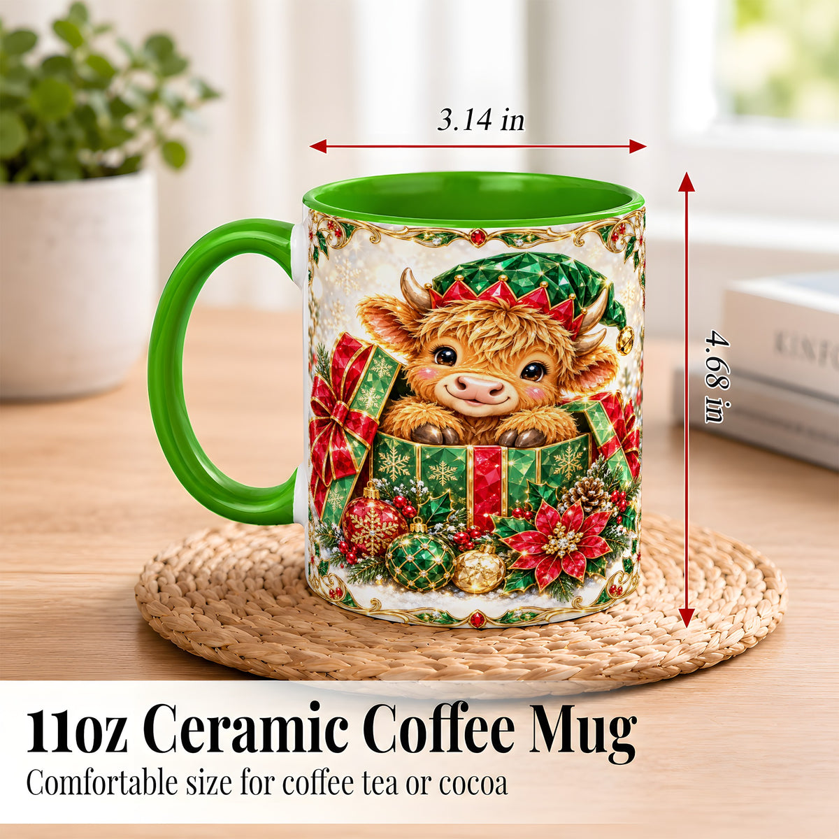 #pl[11oz|Green] Gemstone Highland Cow Coffee Mug, Christmas Cow Mug, Ceramic Cup