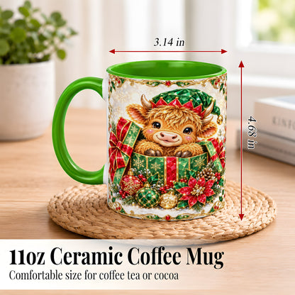 #pl[11oz|Green] Gemstone Highland Cow Coffee Mug, Christmas Cow Mug, Ceramic Cup