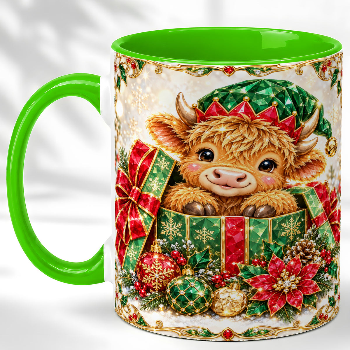 #pl[11oz|Green] Gemstone Highland Cow Coffee Mug, Christmas Cow Mug, Ceramic Cup