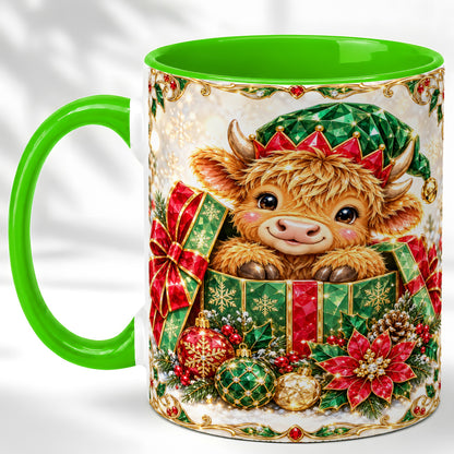 #pl[11oz|Green] Gemstone Highland Cow Coffee Mug, Christmas Cow Mug, Ceramic Cup