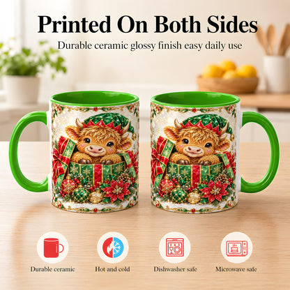 #pl[11oz|Green] Gemstone Highland Cow Coffee Mug, Christmas Cow Mug, Ceramic Cup