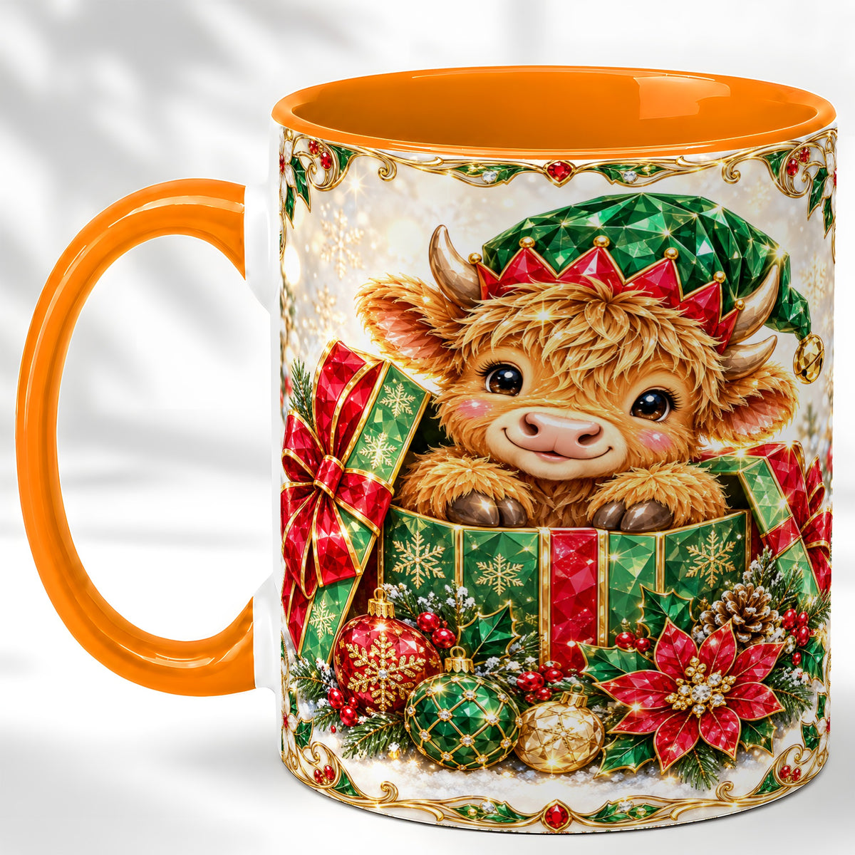 #pl[11oz|Orange] Gemstone Highland Cow Coffee Mug, Christmas Cow Mug, Ceramic Cup