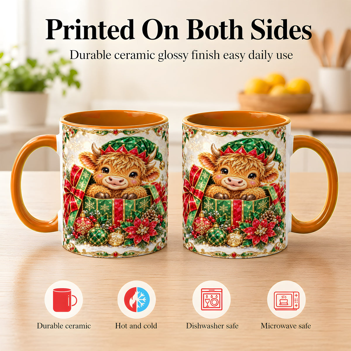 #pl[11oz|Orange] Gemstone Highland Cow Coffee Mug, Christmas Cow Mug, Ceramic Cup