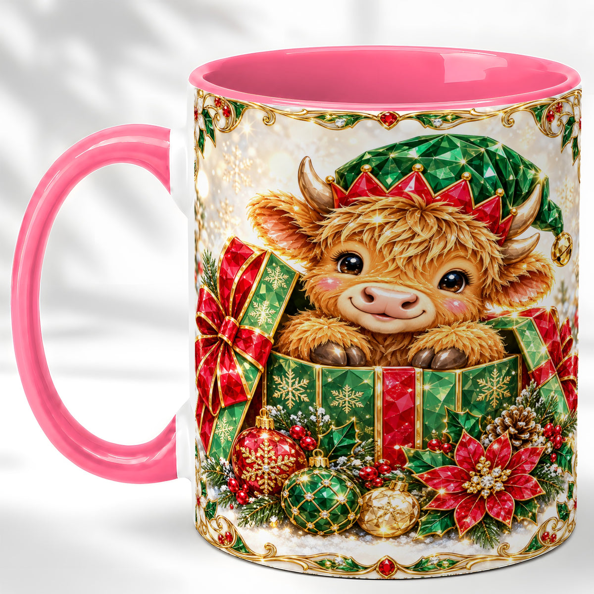 #pl[11oz|Pink] Gemstone Highland Cow Coffee Mug, Christmas Cow Mug, Ceramic Cup