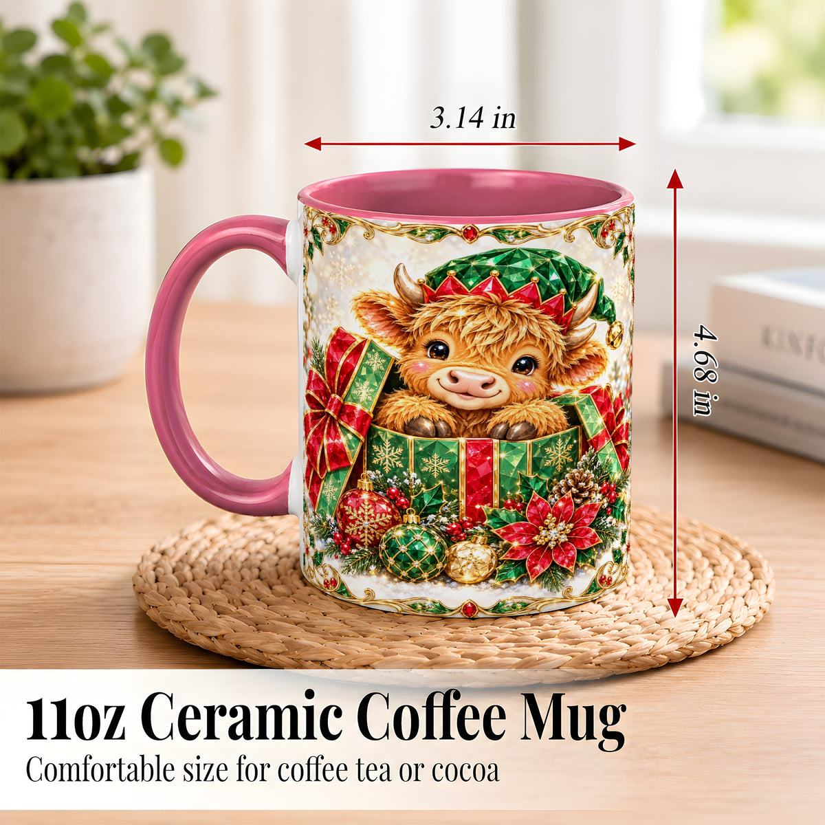 #pl[11oz|Pink] Gemstone Highland Cow Coffee Mug, Christmas Cow Mug, Ceramic Cup
